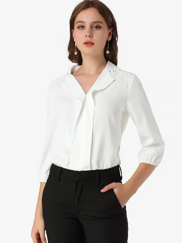 Limited Time Offer!V Neck 3/4 Sleeve Collared Work Office Top Blouse