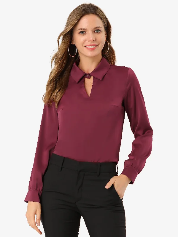 The Best Sale of the Year!Silky Satin Long Sleeve Elegant Office Keyhole Collared Blouse The Best Sale of the Year!Silky Satin Long Sleeve Elegant Office Keyhole Collared Blouse