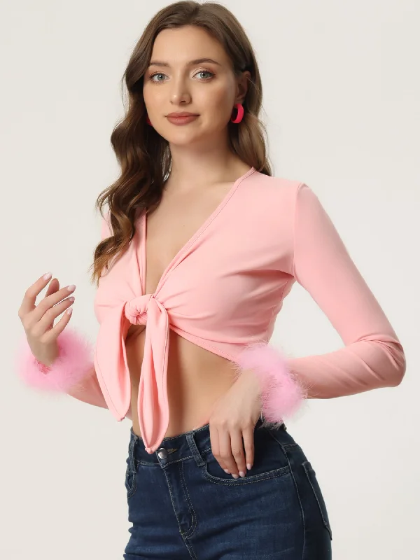 Unbeatable Prices!Tie Front Long Sleeve Faux Feather Cuff Open Navel Crop Top