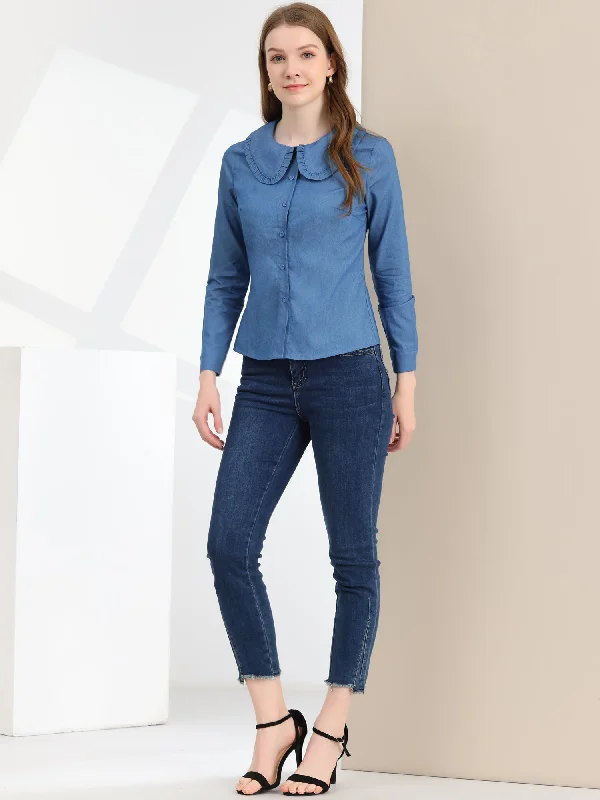 Your Best Deals Are Here!Peter Pan Collar Ruffled Button Down Denim Shirt