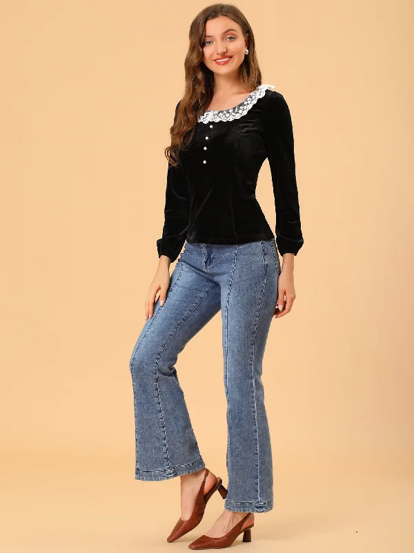 Massive Price Cuts!Contrast Color Slim Fit Long Sleeve Velvet Top