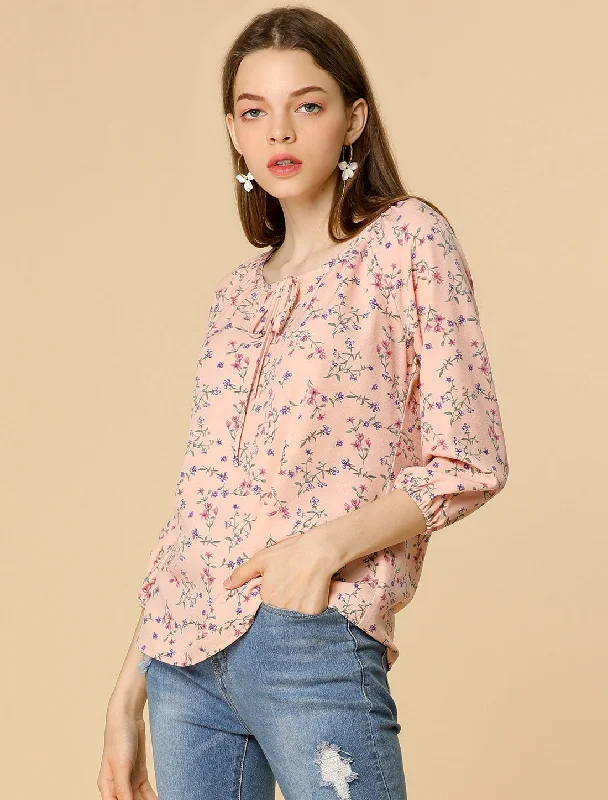 Exclusive Offers You’ll Love!Bow Tie Neck 3/4 Raglan Sleeve Floral Blouse Tops