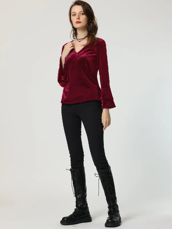 Shop Today, Save Tomorrow!V Neck Velvet Blouse Flare Long Sleeve Peplum Top