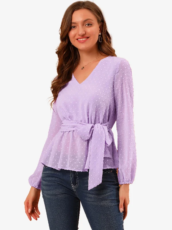Your Best Deals Are Here!Swiss Dots Blouse V Neck Long Sleeve Tie Waist Peplum Top
