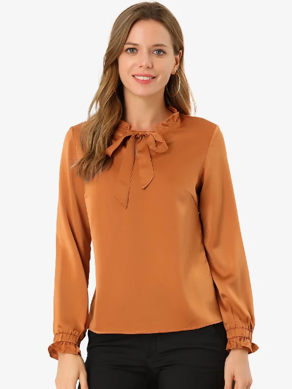 Time to Save Big!Elegant Ruffle Tie Neck Long Sleeve Work Office Satin Blouse Top