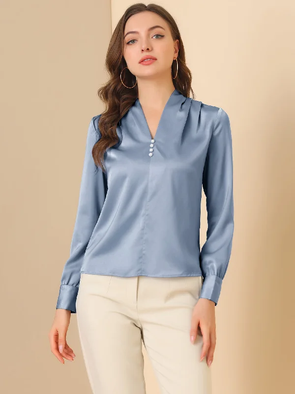 Limited Deals, Unlimited Savings!V Neck Decor Beaded Long Sleeve Office Pleated Satin Blouse Top Limited Deals, Unlimited Savings!V Neck Decor Beaded Long Sleeve Office Pleated Satin Blouse Top