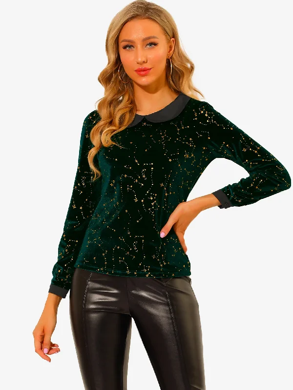Hurry! While Supplies Last!Peter Pan Collar Long Sleeve Stars Printed Velvet Blouse Hurry! While Supplies Last!Peter Pan Collar Long Sleeve Stars Printed Velvet Blouse