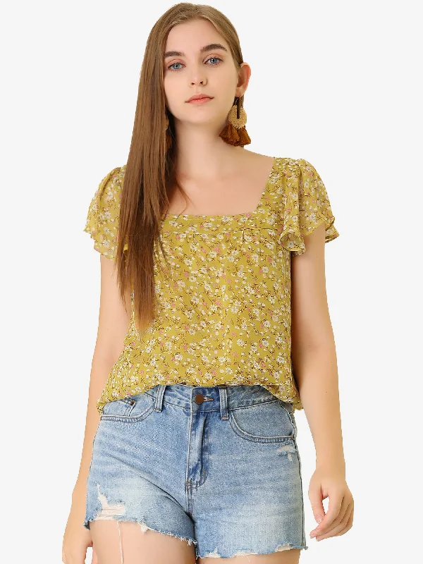 Huge Price Cuts Await!Chiffon Ruffle Sleeve Top Layered Vintage Ditsy Floral Blouse Huge Price Cuts Await!Chiffon Ruffle Sleeve Top Layered Vintage Ditsy Floral Blouse