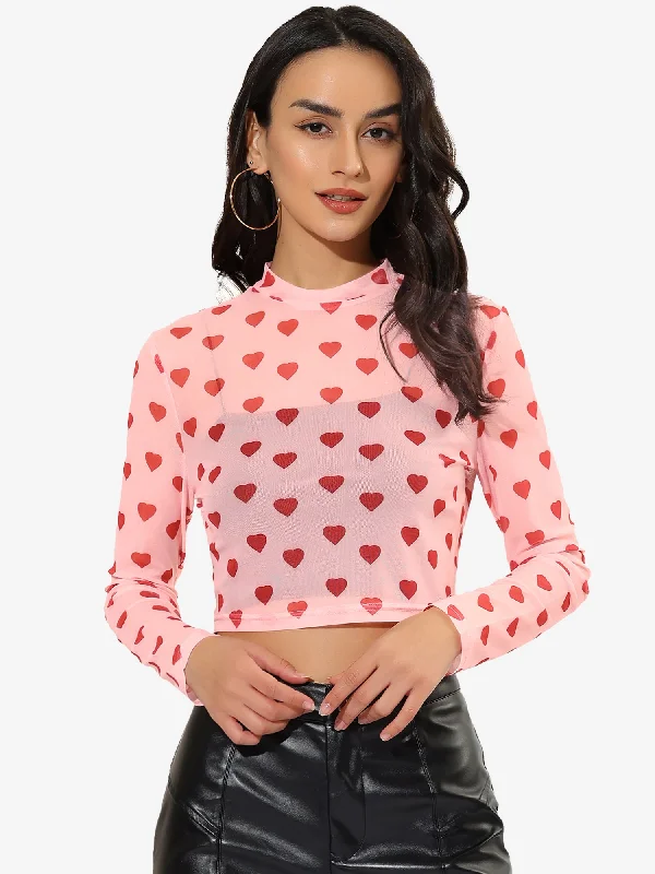 Limited Edition, Limited Price!Semi-Sheer Sexy Heart Mesh Crop Top Long Sleeve Blouse Limited Edition, Limited Price!Semi-Sheer Sexy Heart Mesh Crop Top Long Sleeve Blouse