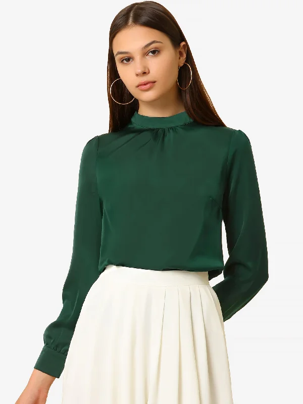 Buy More, Pay Less!Satin Blouse Puff Sleeve Stand Collar Work Top