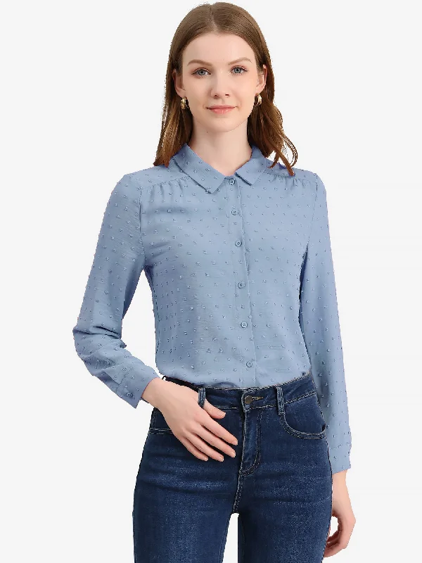 Save Like Never Before!Office Point Collar Long Sleeve Swiss Dot Button Down Blouse