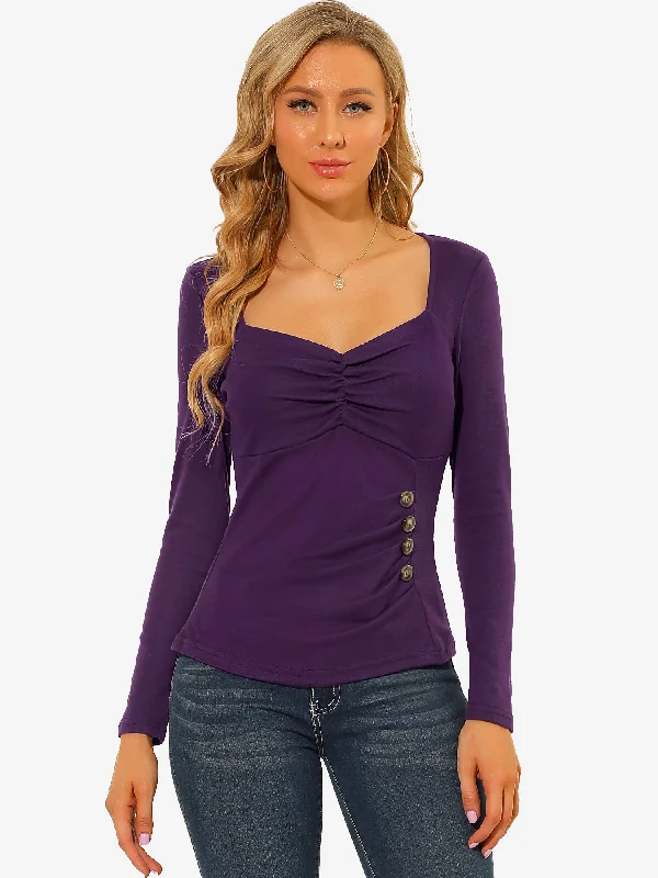 Bigger Savings, Better Shopping!Sweetheart Neck Ruched Top Long Sleeve Button Decor Rib Knit Blouse Bigger Savings, Better Shopping!Sweetheart Neck Ruched Top Long Sleeve Button Decor Rib Knit Blouse