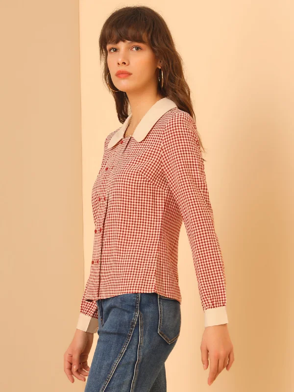 Score Huge Discounts Today!Contrast Peter Pan Collar Gingham Long Sleeve Button Down Blouse Score Huge Discounts Today!Contrast Peter Pan Collar Gingham Long Sleeve Button Down Blouse
