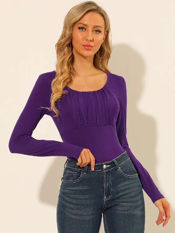 Huge Price Cuts Await!Scoop Neck Long Sleeve Solid Bust Ruched Casual Fitted Top