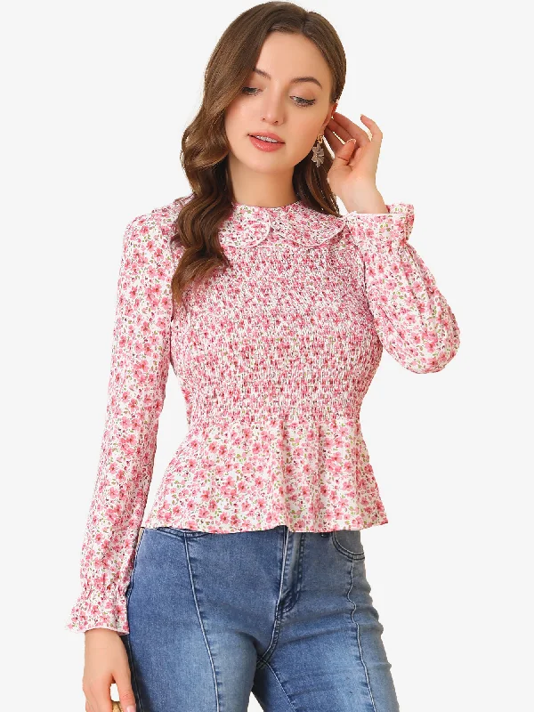 Everything Must Go!Peter Pan Collar Long Sleeve Casual Chiffon Floral Smocked Top