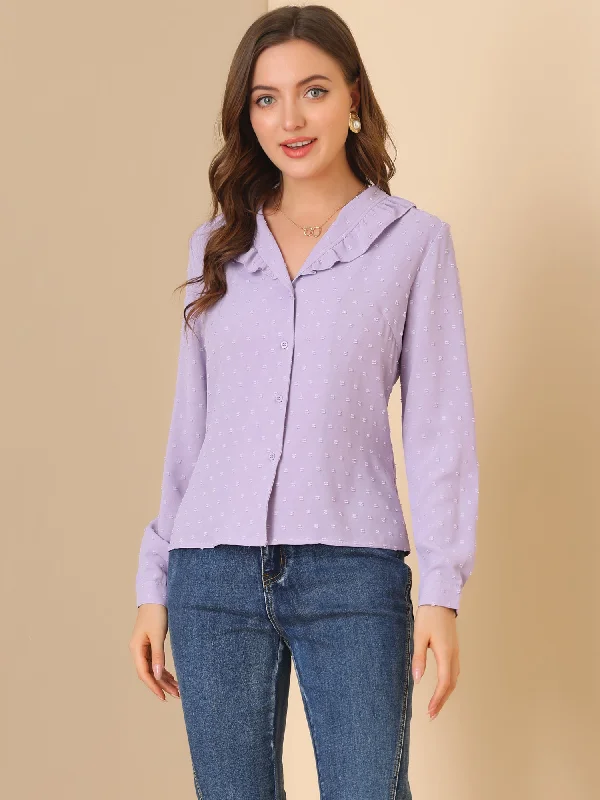 Save More Than Ever!Swiss Dots Long Sleeve Button Front Ruffled Collar Shirt