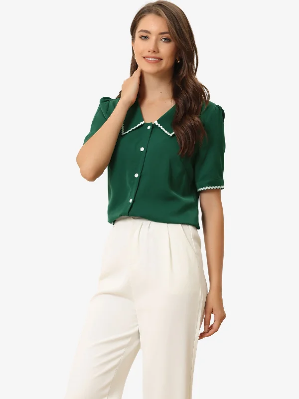 Shop Now and Save!Short Sleeve Chiffon Collared Casual Work Button Down Blouse