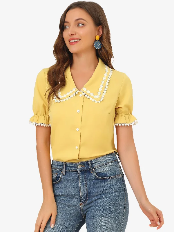 Shop More, Spend Less!Sweet Peter Pan Contrast Collar Short Sleeve Button Up Blouse Tops Shop More, Spend Less!Sweet Peter Pan Contrast Collar Short Sleeve Button Up Blouse Tops