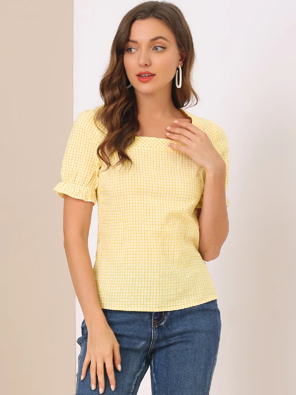 Your Exclusive Offer Awaits!Allegra K Square Neck Peasant Tops Plaid Short Sleeve Blouse Your Exclusive Offer Awaits!Allegra K Square Neck Peasant Tops Plaid Short Sleeve Blouse