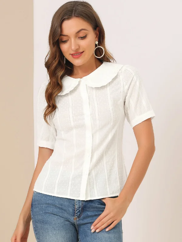 Shop Before It’s Gone!Peter Pan Collar Swiss Dots Short Sleeve Button Front Shirt Blouse Shop Before It’s Gone!Peter Pan Collar Swiss Dots Short Sleeve Button Front Shirt Blouse