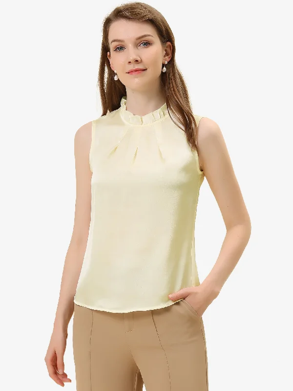 Incredible Savings Inside!Sleeveless Blouse Mock Neck Ruffles Elegant Satin Work Tops Incredible Savings Inside!Sleeveless Blouse Mock Neck Ruffles Elegant Satin Work Tops