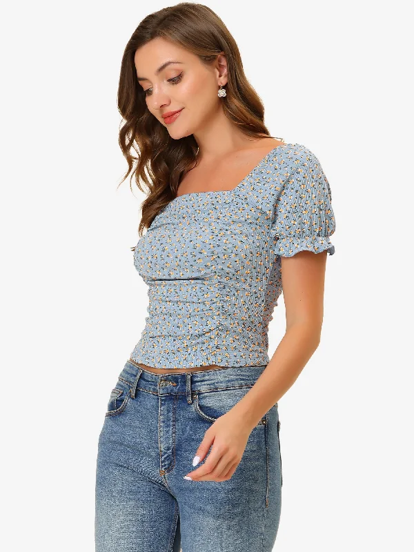 Hottest Discounts of the Year!Smocked Crop Top Slim Fit Peasant Floral Blouse