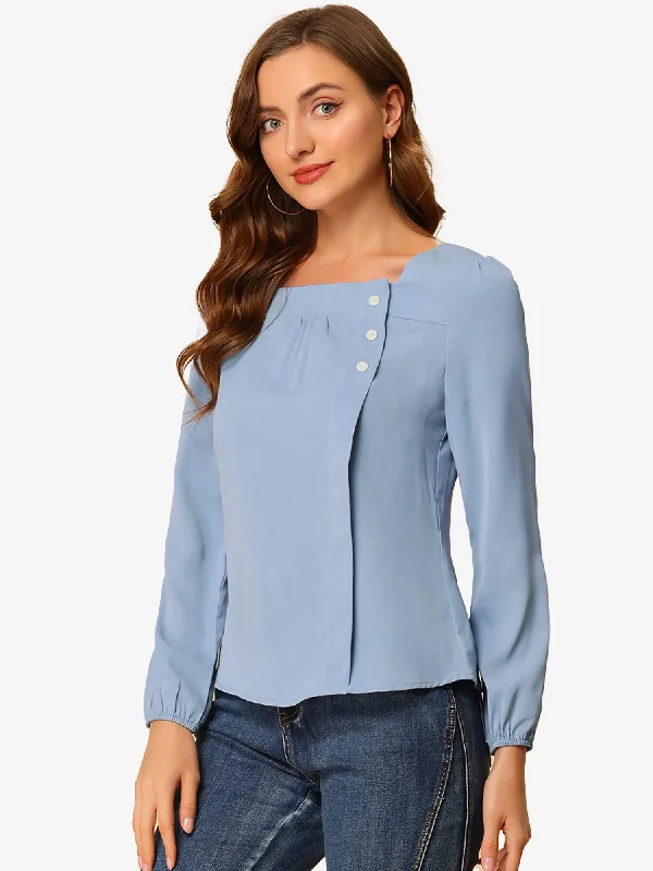 Huge Price Cuts Await!Long Sleeve Casual Solid Square Neck Top
