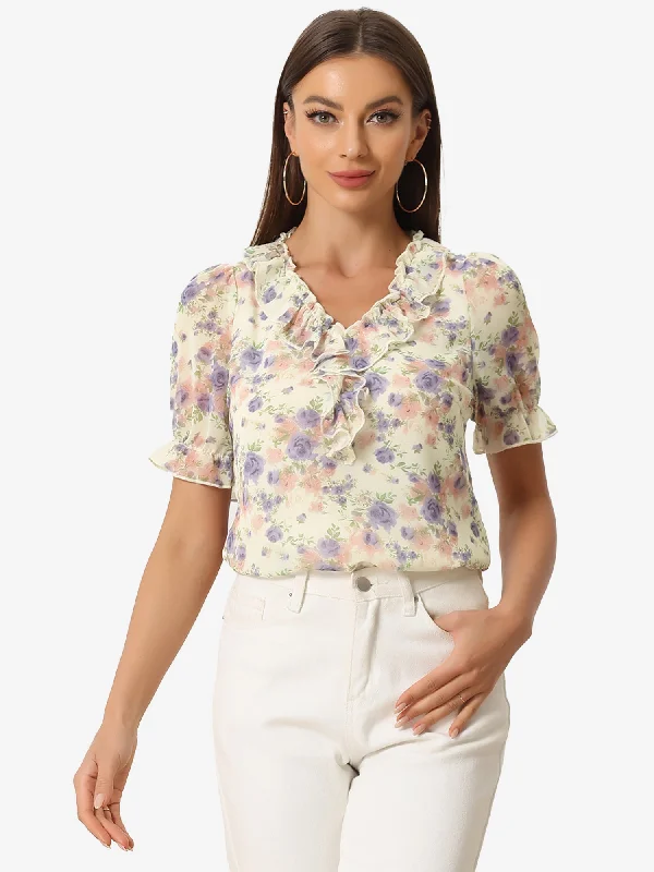 Every Deal is a Steal!Floral Blouse Ruffle V Neck Puff Short Sleeve Top