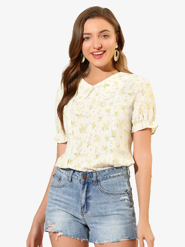 Hottest Discounts of the Year!Floral Peter Pan Collar Lace Trim Ruffle Sleeve Blouse Hottest Discounts of the Year!Floral Peter Pan Collar Lace Trim Ruffle Sleeve Blouse