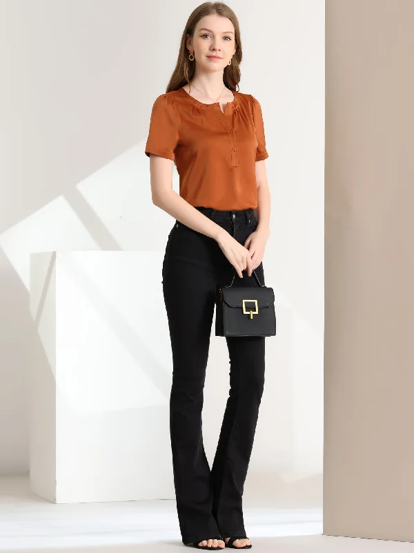 Shop the Hottest Deals!Satin Blouse Pleated Round Neck Button Front Puff Sleeve Office Top Shop the Hottest Deals!Satin Blouse Pleated Round Neck Button Front Puff Sleeve Office Top