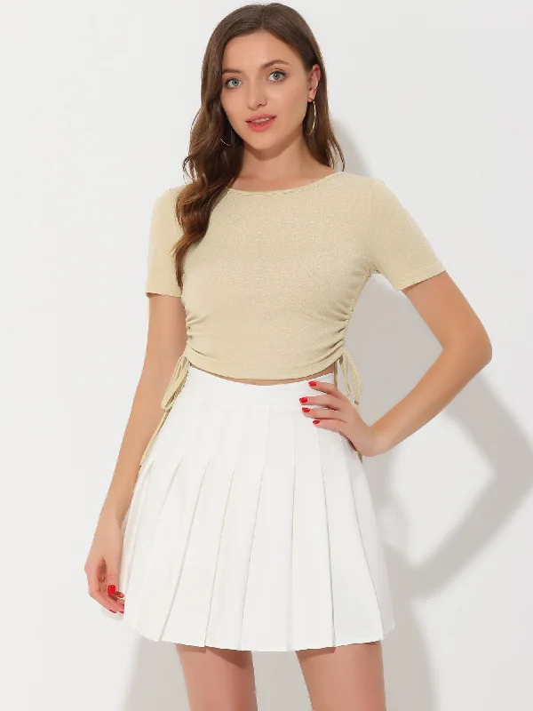 Time to Save Big!Drawstring Side Ruched Tee Shirt Glitter Crop Tops