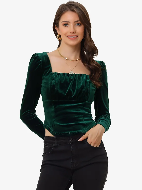 Hot Deals You Can’t Resist!Velvet Cropped Long Sleeve Party Square Neck Top Blouse Hot Deals You Can’t Resist!Velvet Cropped Long Sleeve Party Square Neck Top Blouse