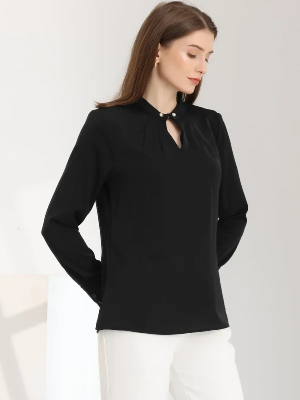 Best Price of the Season!Pleated Mock Neck Pearl Decor Elegant Work Blouse Top