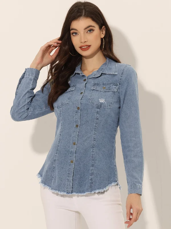 Don't Miss Out!Jeans Blouse Long Sleeve Button Down Distressed Frayed Denim Shirt