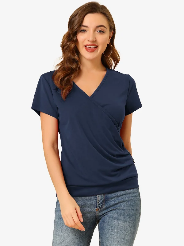 Amazing Prices You Can’t Resist!Wrap V Neck Short Sleeve Button Decor Ruched Top