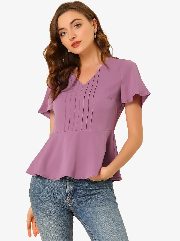 Incredible Savings Inside!Casual Peplum Blouse V Neck Short Sleeve Ruffles Flare Top Incredible Savings Inside!Casual Peplum Blouse V Neck Short Sleeve Ruffles Flare Top