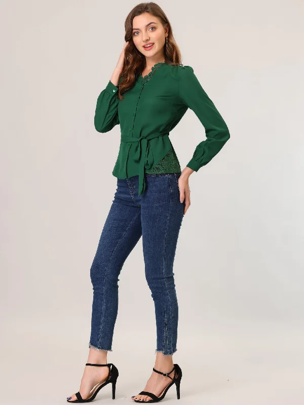 One Click Away from Big Savings!Belted Tie Waist Top Lace Trim V Neck Long Sleeve Blouse One Click Away from Big Savings!Belted Tie Waist Top Lace Trim V Neck Long Sleeve Blouse