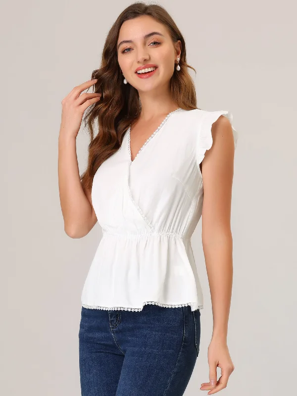 Save More with Every Purchase!Ruffle Flutter Sleeve Lace Trim V Neck Peplum Blouse Top Save More with Every Purchase!Ruffle Flutter Sleeve Lace Trim V Neck Peplum Blouse Top