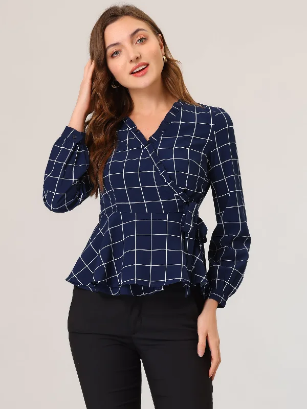 Best Offers of the Month!Tie Waist Plaid Check Long Sleeve Workwear Wrap Peplum Blouse Best Offers of the Month!Tie Waist Plaid Check Long Sleeve Workwear Wrap Peplum Blouse