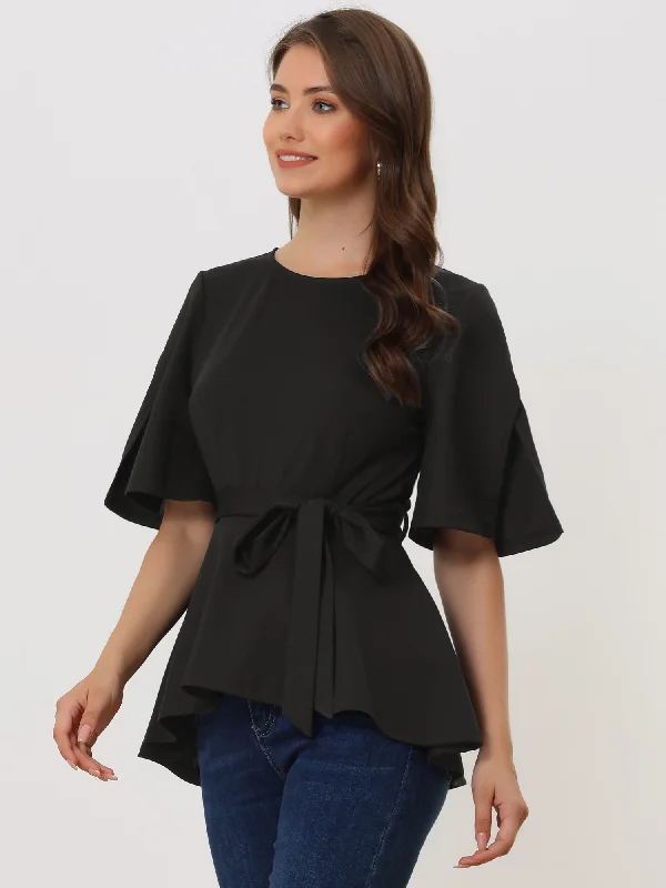 Buy More, Pay Less!Split Half Sleeve Crew Neck Belted Knot Drap Casual Peplum Blouse Buy More, Pay Less!Split Half Sleeve Crew Neck Belted Knot Drap Casual Peplum Blouse
