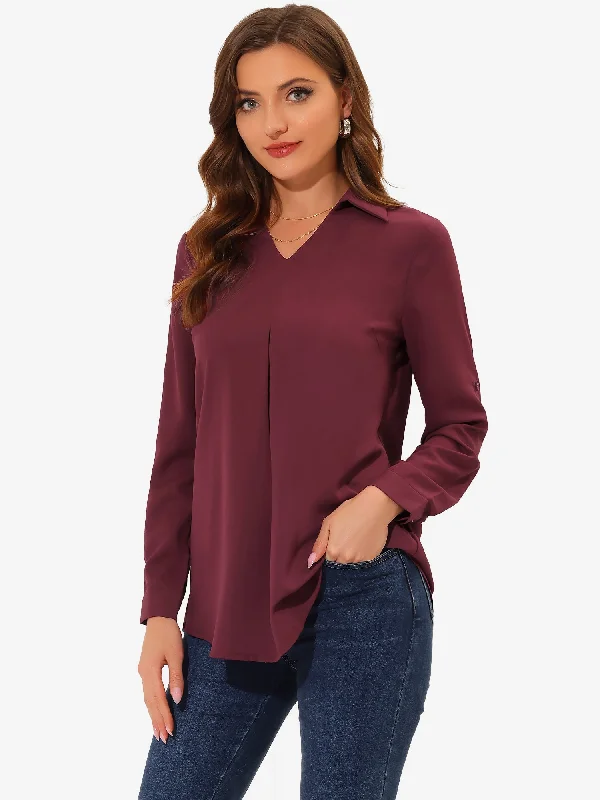 Special Discounts Inside!3/4 Roll Sleeve V Neck Pleated Front Collared Solid Work Blouse Special Discounts Inside!3/4 Roll Sleeve V Neck Pleated Front Collared Solid Work Blouse