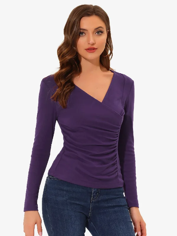 Great Deals, Just for You!Long Sleeve Blouse Slim Fit Ruched Wrap Tops