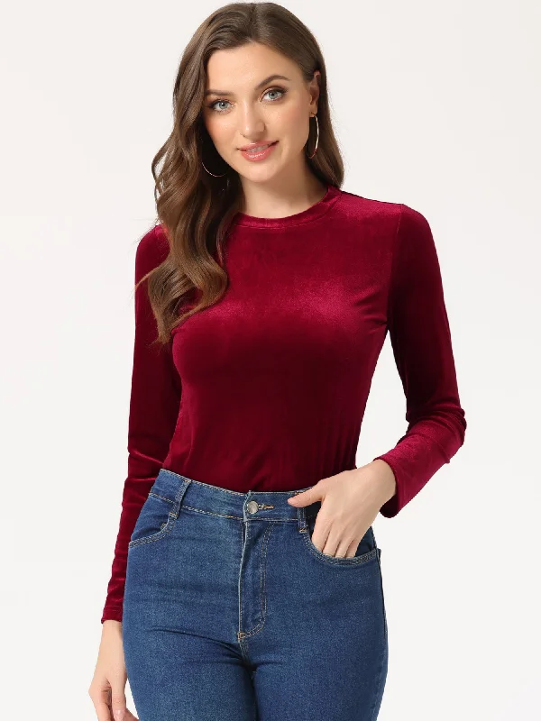 Save Money, Shop Happy!Casual Round Neck Stretchy Long Sleeve Velvet Solid Blouse