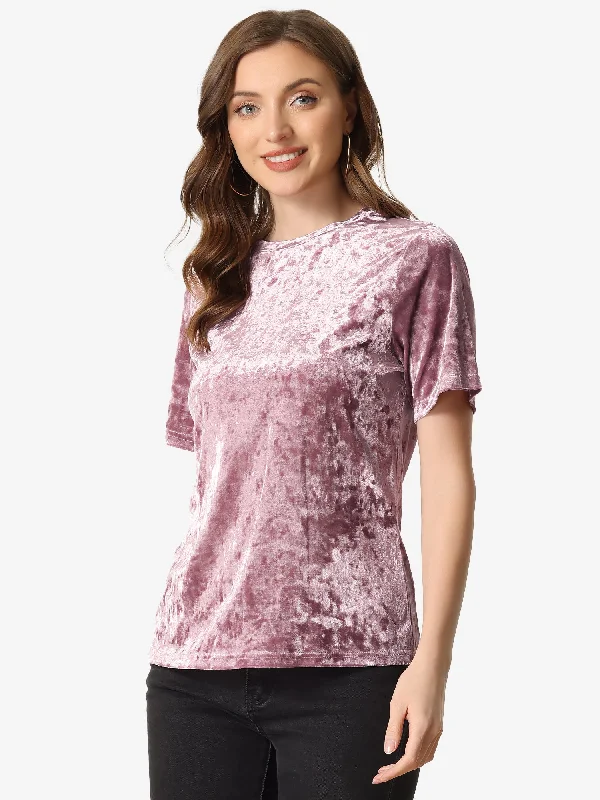 Find the Best Deals Here!Casual Velvet Top Solid Round Neck Short Sleeve T-Shirt