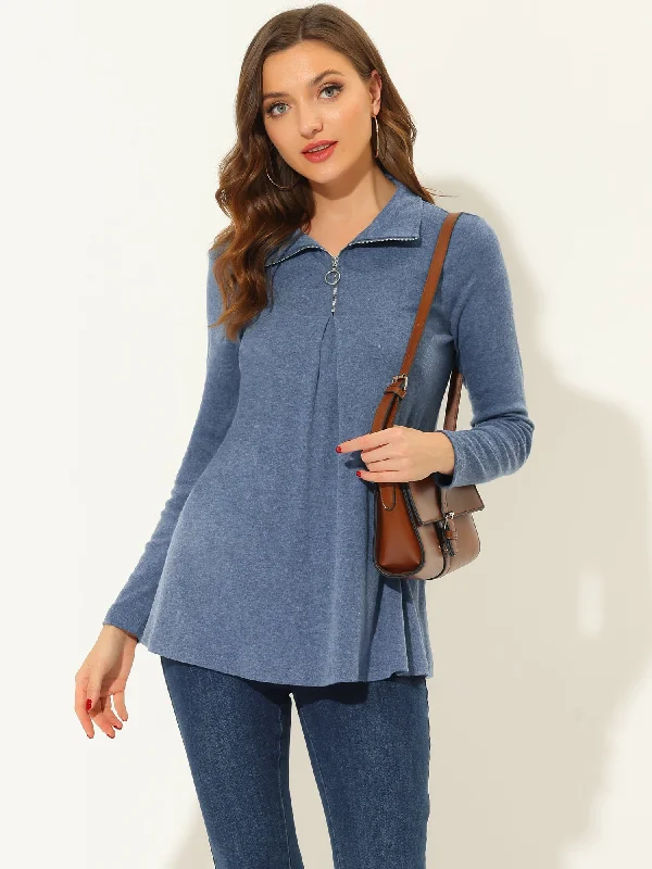 Get More for Less!Swing Blouse Mock Neck Long Sleeve Zip Up Tunic Top