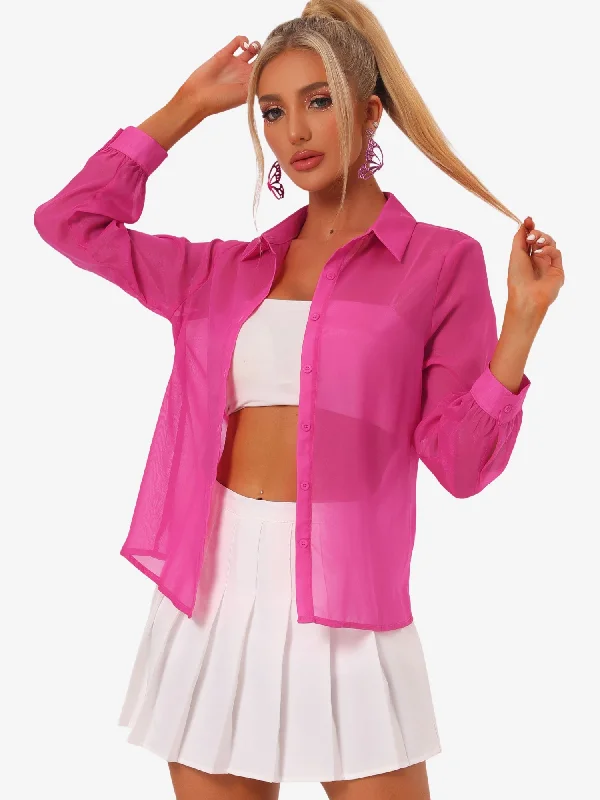 Seasonal Sale – Shop Now!Sheer Button Up See Through Mesh Long Sleeve Blouse Shirt