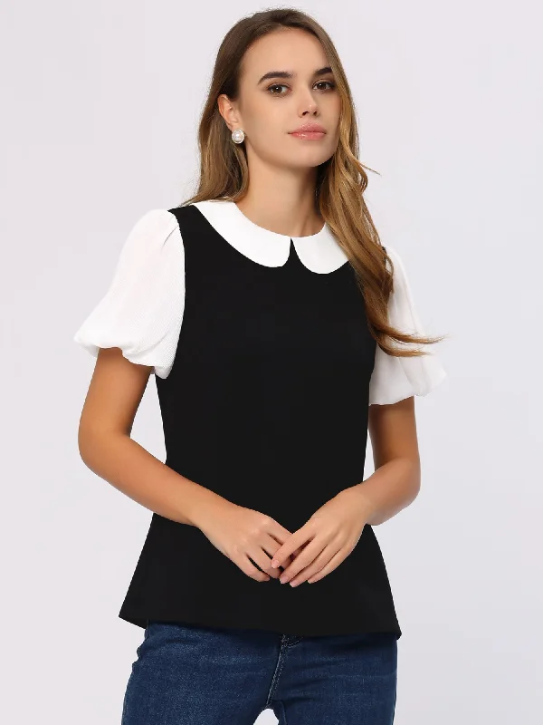 Hot Deals You Can’t Resist!Peter Pan Collar Blouse Contrast Puff Short Sleeve Summer Top Hot Deals You Can’t Resist!Peter Pan Collar Blouse Contrast Puff Short Sleeve Summer Top