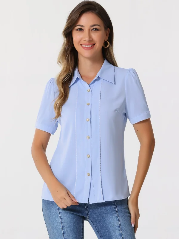 The Best Offers Are Here!Button Down Shirt Contrast Trim Puff Short Sleeve Blouse