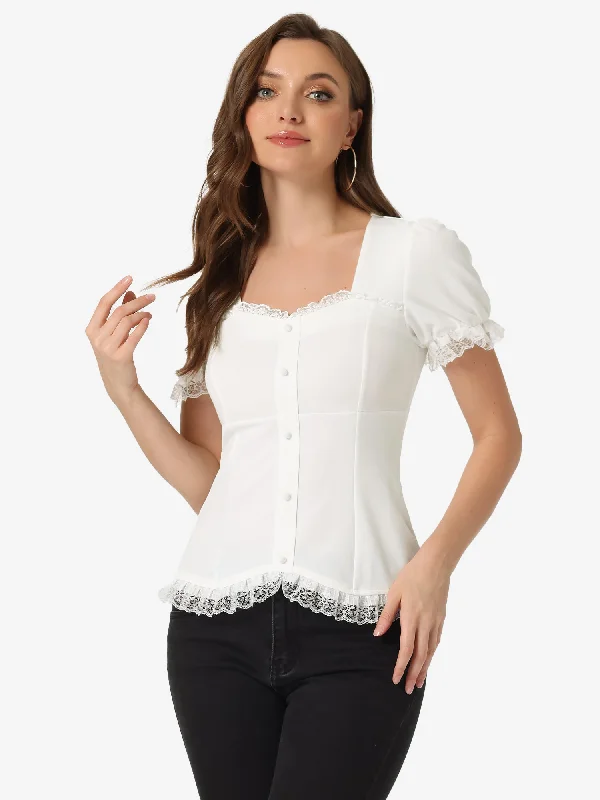 Hurry, Sale Ends Soon!Sweetheart Neck Puff Short Sleeve Lace Up Gothic Blouse