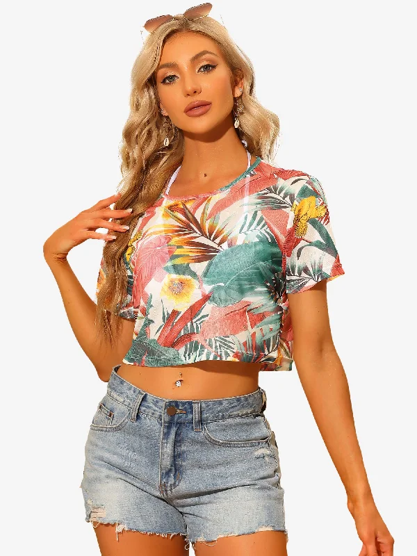 Your Favorite Sale is Back!Hawaiian Sheer Short Sleeve Leaves Print Tropical Crop Top Your Favorite Sale is Back!Hawaiian Sheer Short Sleeve Leaves Print Tropical Crop Top